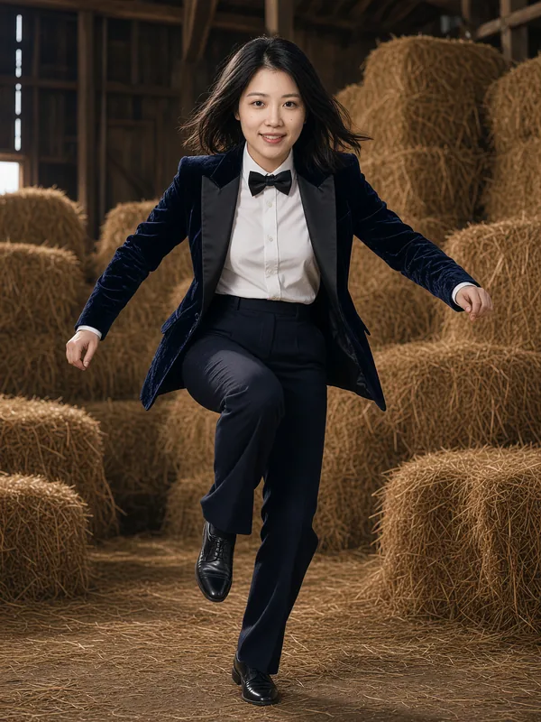 Tiptoe meme AI photo example: a woman in a dark velvet tuxedo jacket and a black bow tie, arms out and one knee up, sneaking through a barn full of hay bales